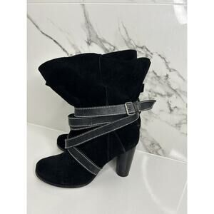 RoseGold Black Leather Casual Ankle Moto Biker Heeled Boots Sz 7.5 Suede EUC